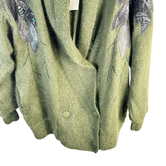 Cervelle Mohair Blend Cardigan Beaded Floral Applique Green Sweater Size L NEW - Picture 2 of 11